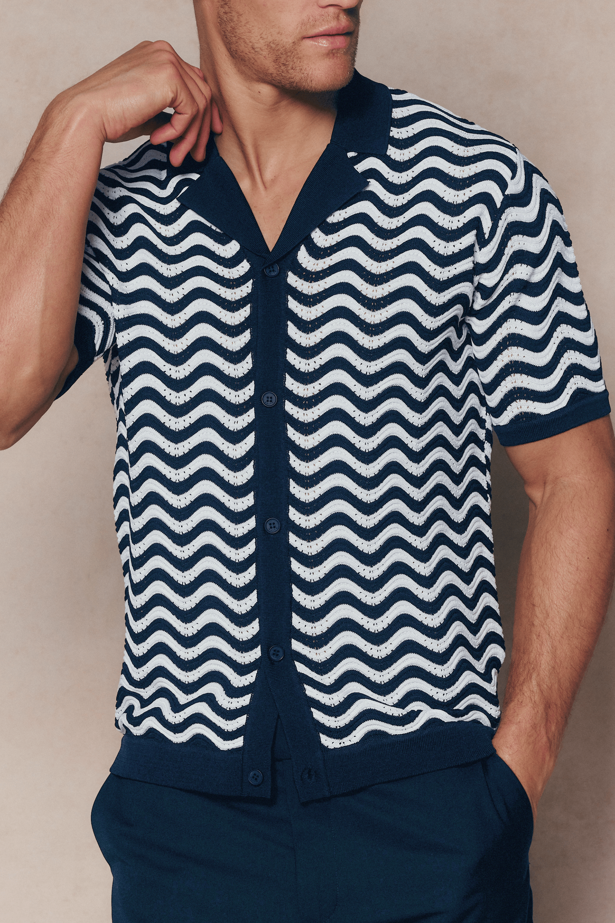 Serenita Gebreid Overhemd - Ecru/Marine