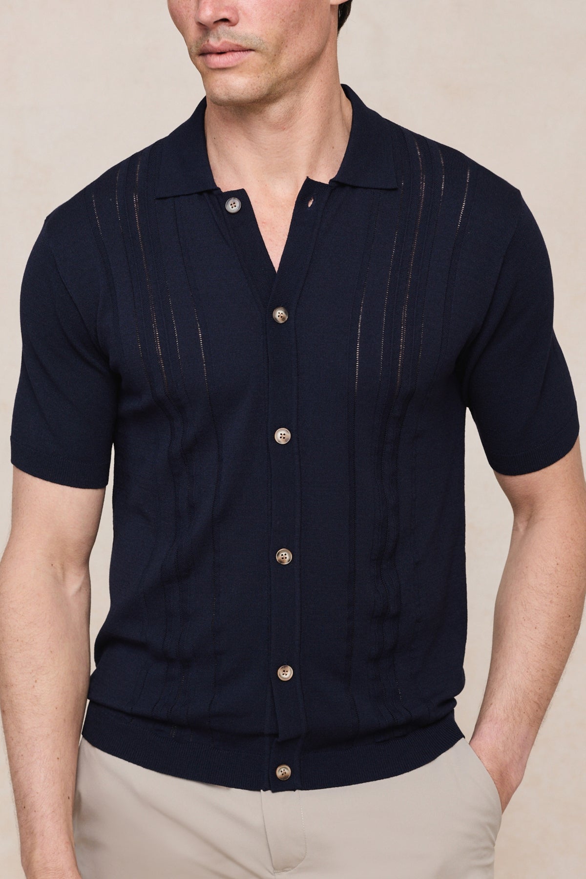 Juan Button Through Boucle Knit Striped Polo - Navy