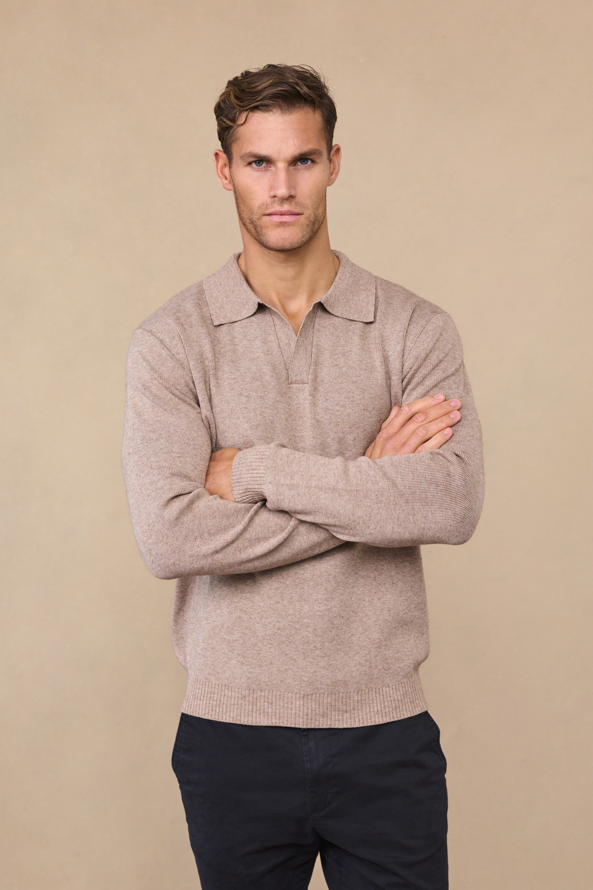 Lennon Polo met open kraag - Biscuitbeige