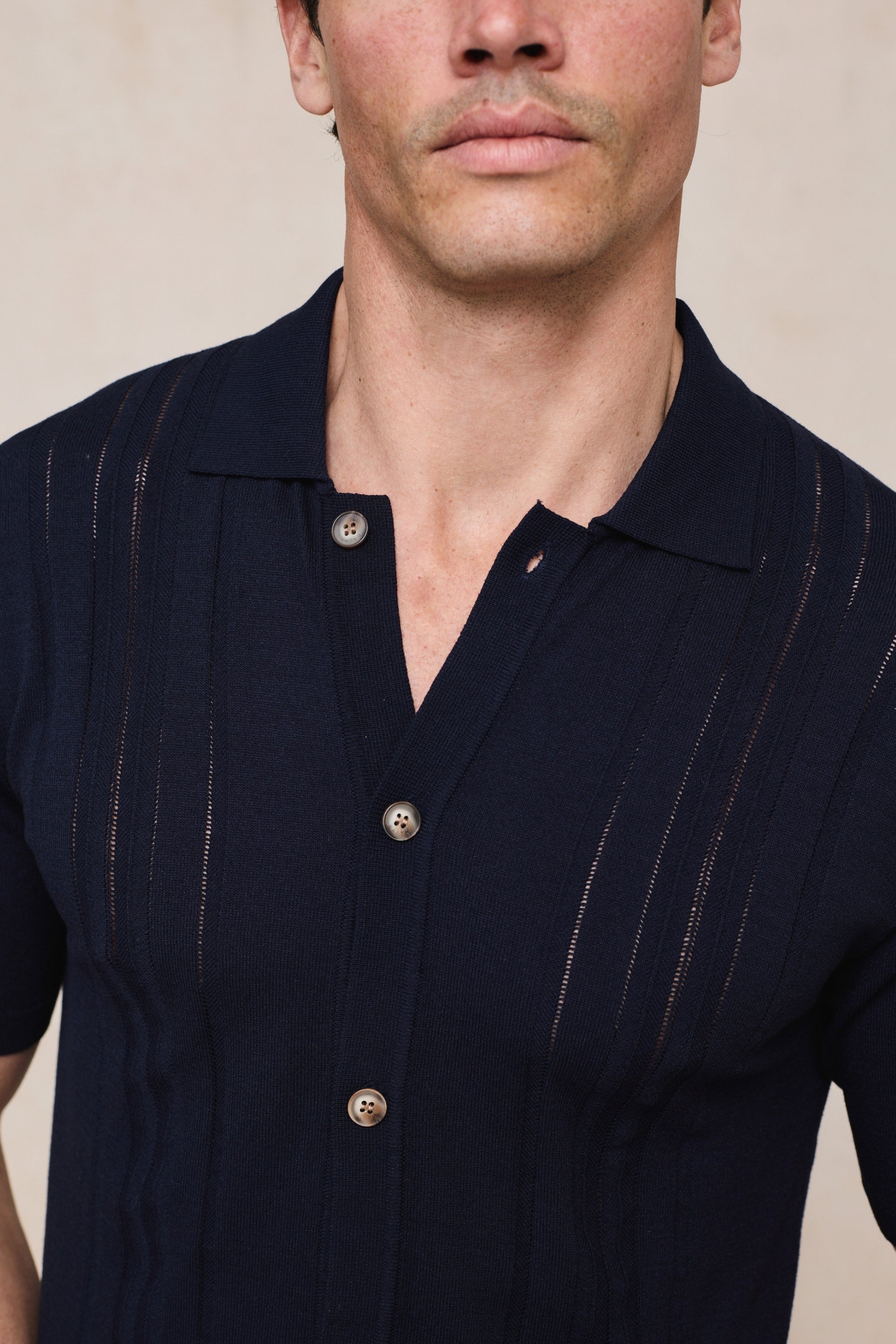 Juan Button Thru Boucle Knit Striped Polo - Navy