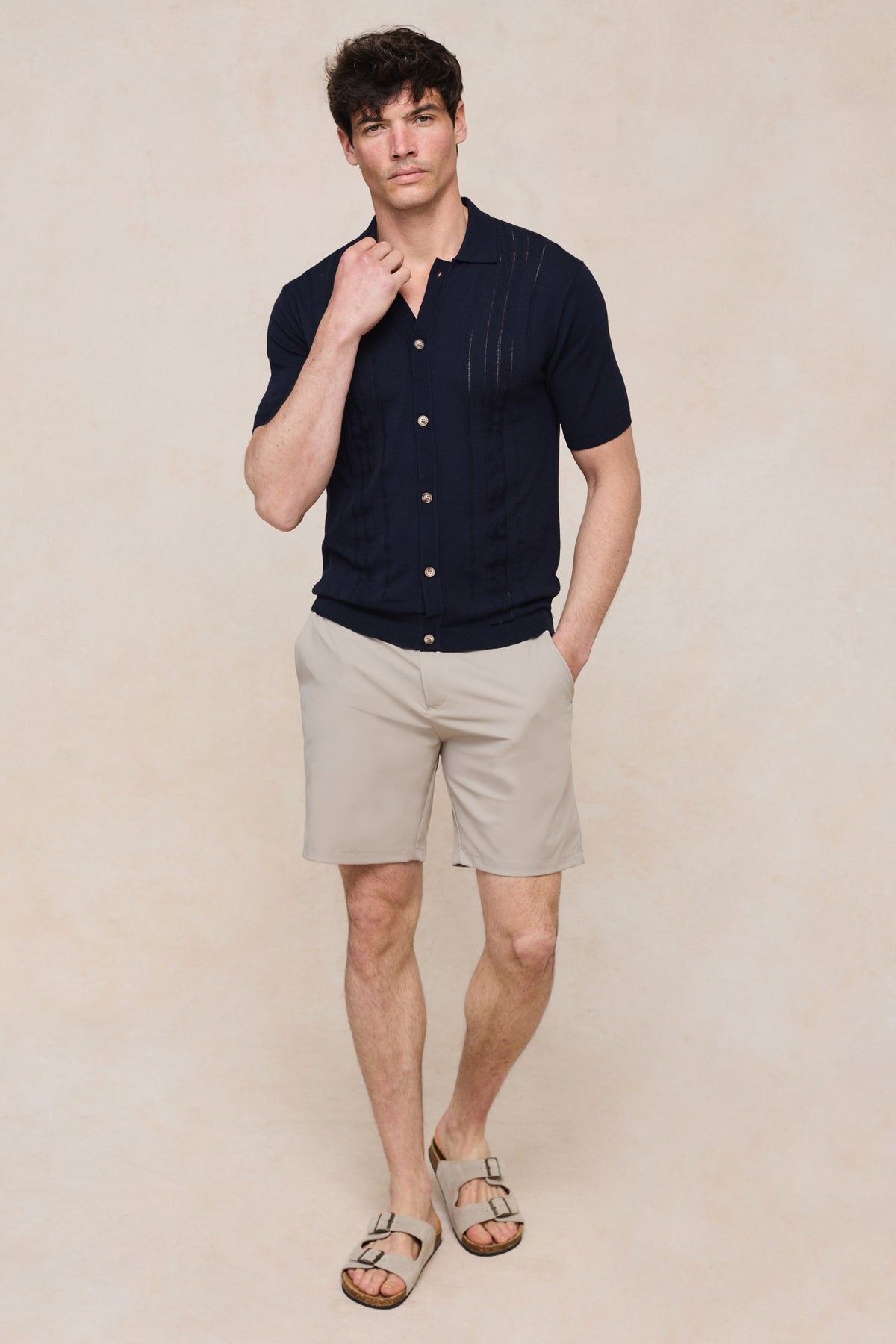 Juan Button Through Boucle Knit Striped Polo - Navy