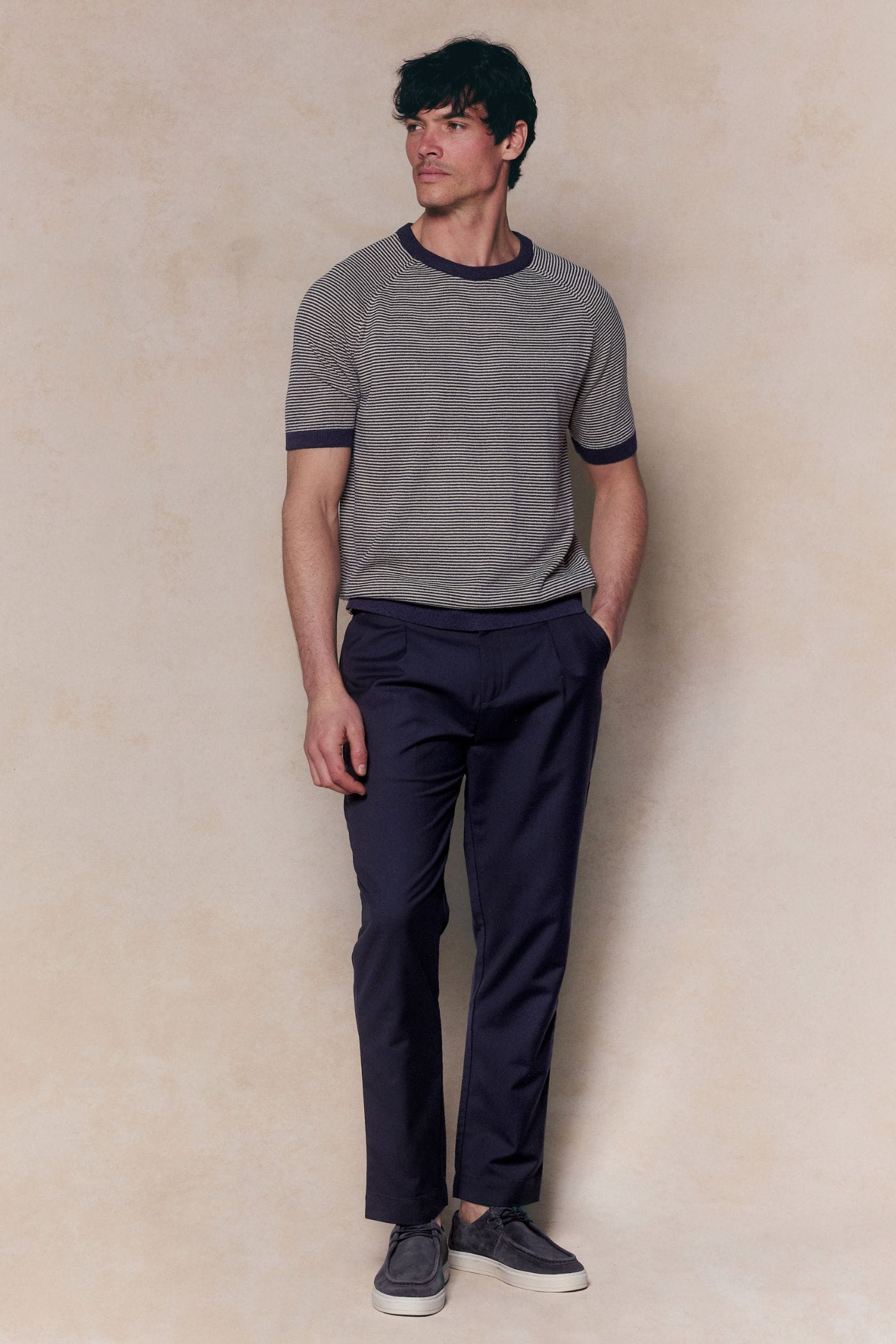 Rafael linnen gestreept T-shirt met ronde hals - Marineblauw/beige