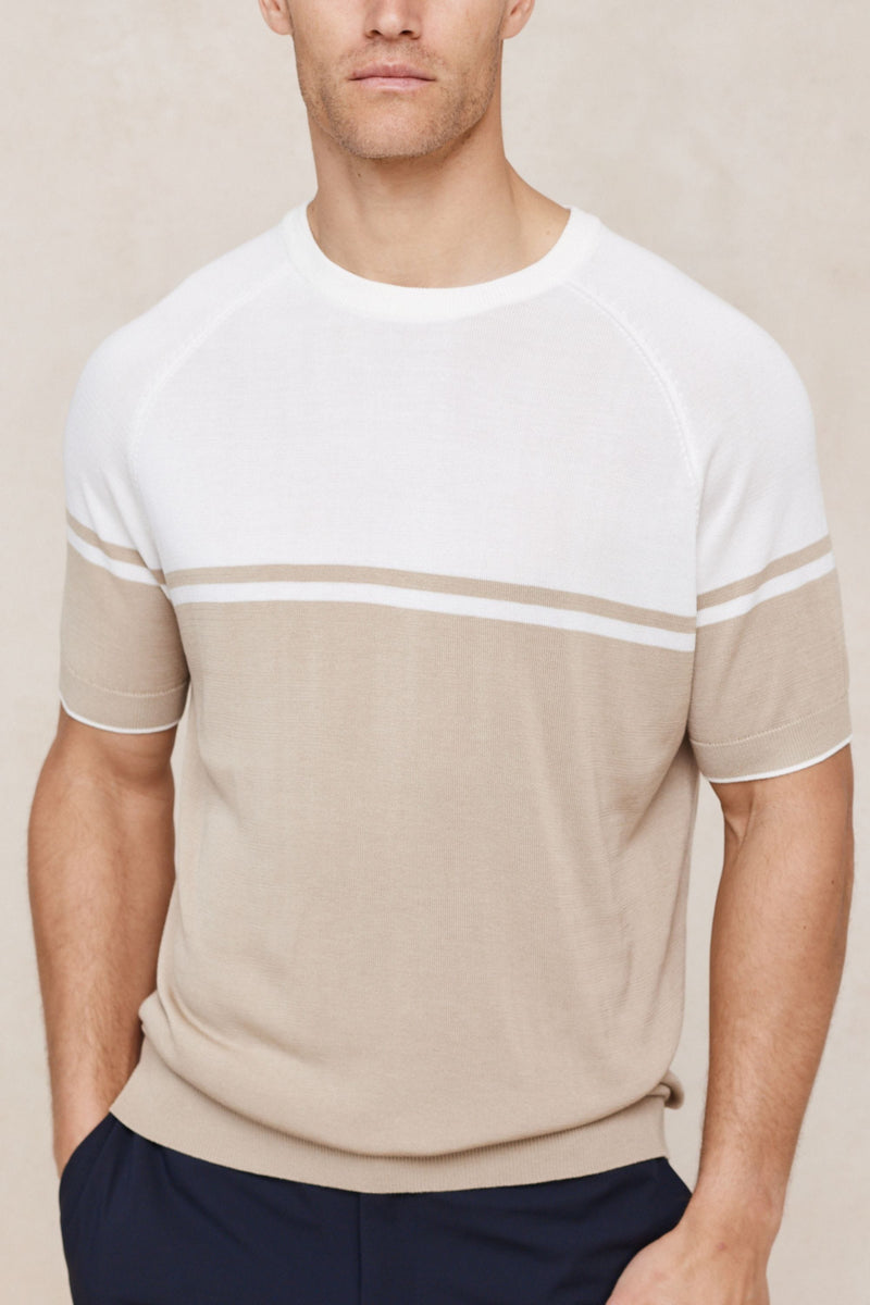 Riera Colour Block gebreid T-shirt met ronde hals - Beige/Ecru 