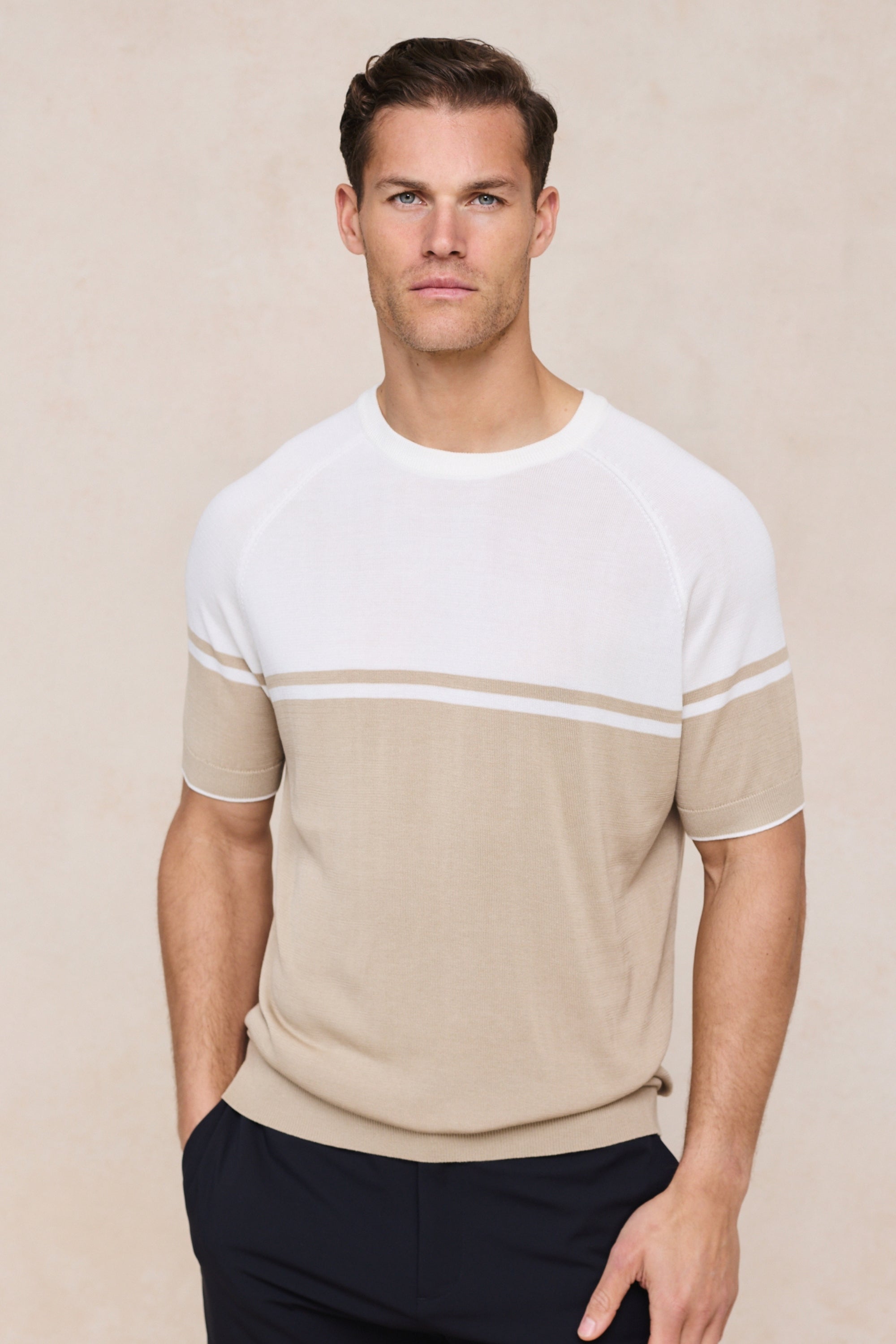 Riera Colour Block Knit Crew Neck T-Shirt - Beige/Ecru