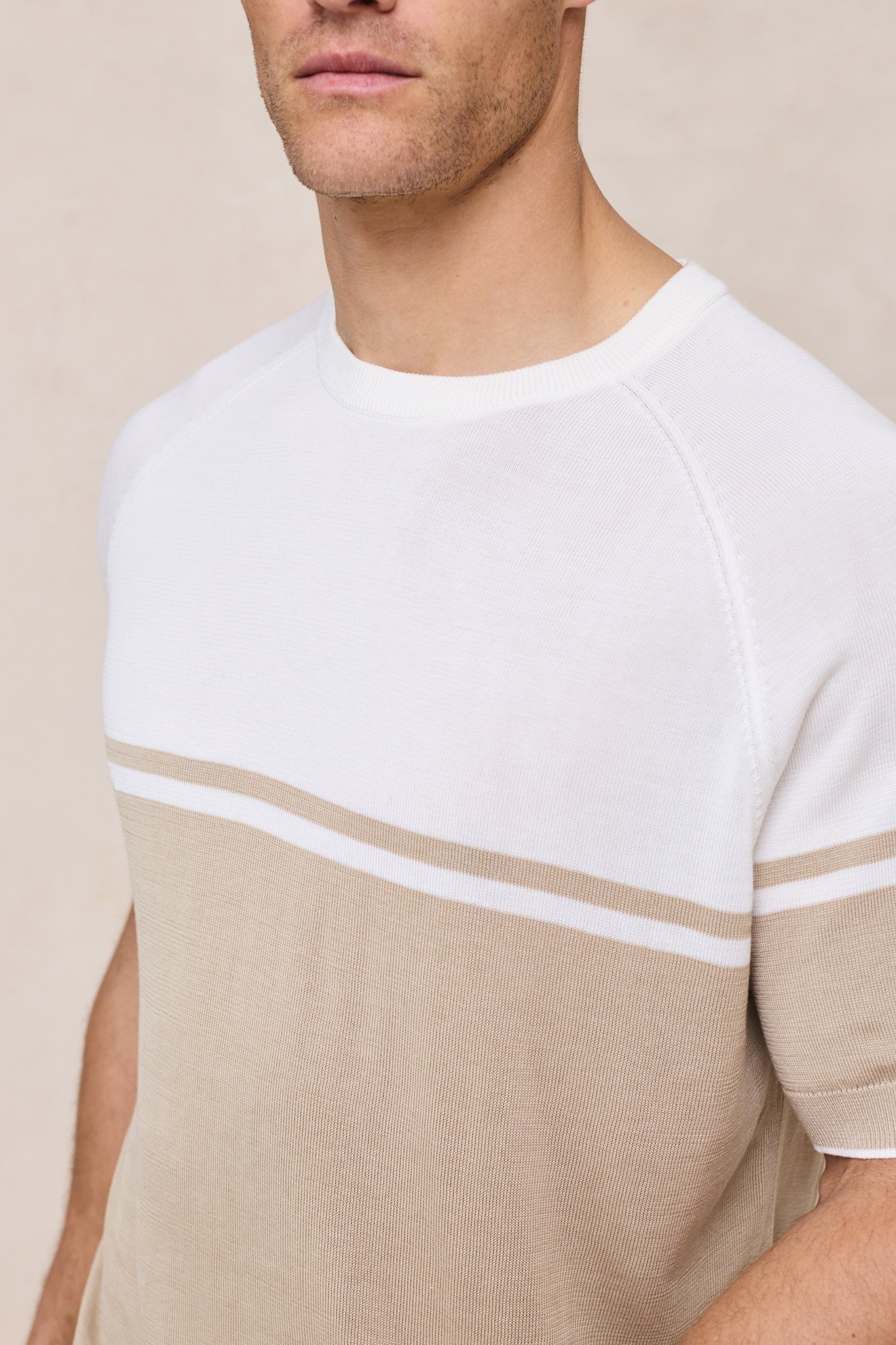 Riera Colour Block Knit Crew Neck T-Shirt - Beige/Ecru