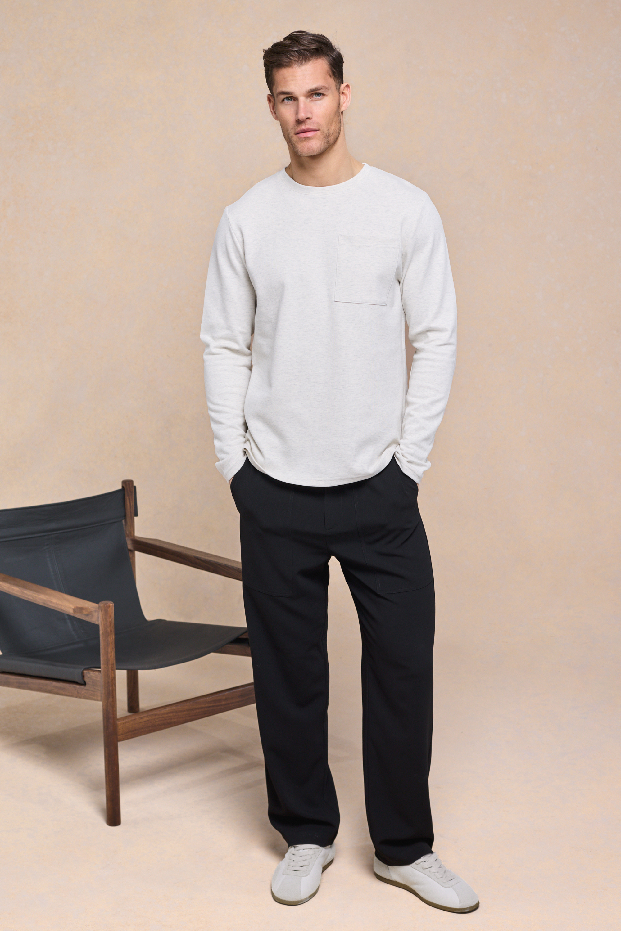 Tyler T-shirt met lange mouwen en borstzak - Stone Marl