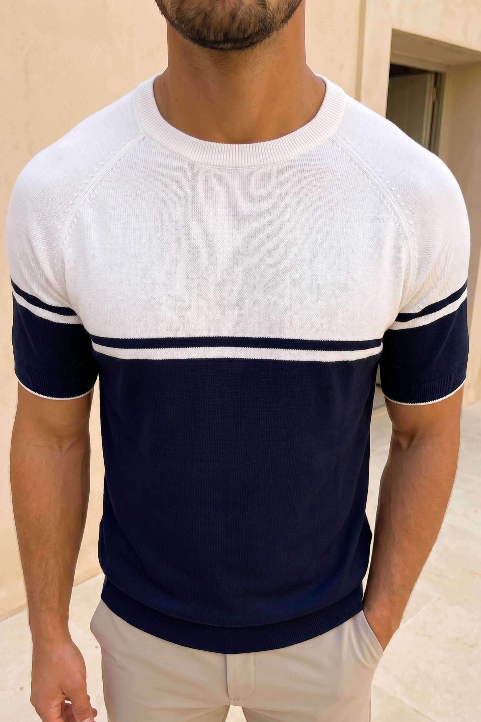 Riera Colour Block Knit Crew Neck T-Shirt - Navy/Ecru