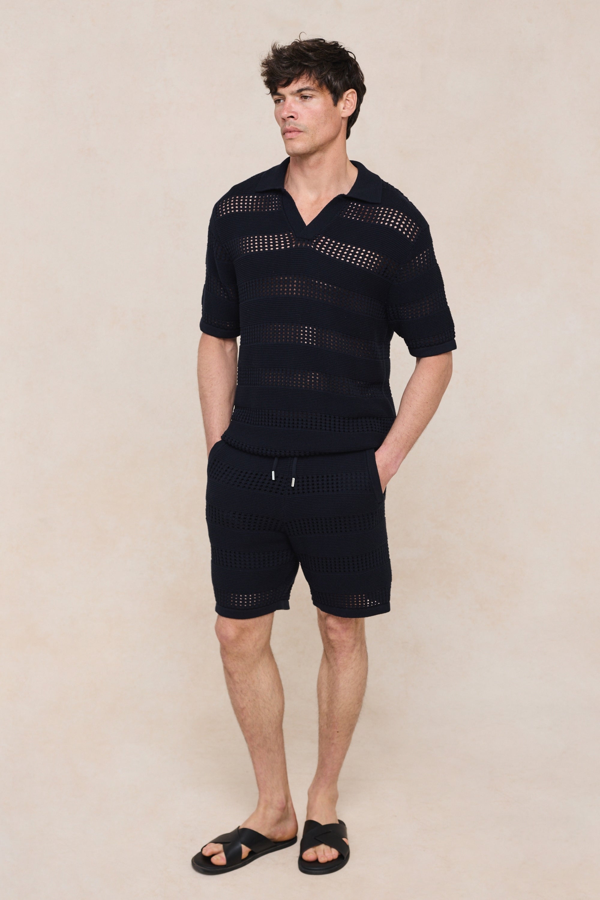 Frattina Crochet Cotton Knit Polo - Navy