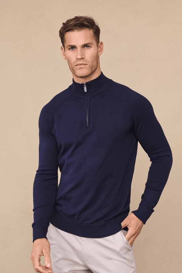 Alex gebreide trui met halve rits - Marineblauw