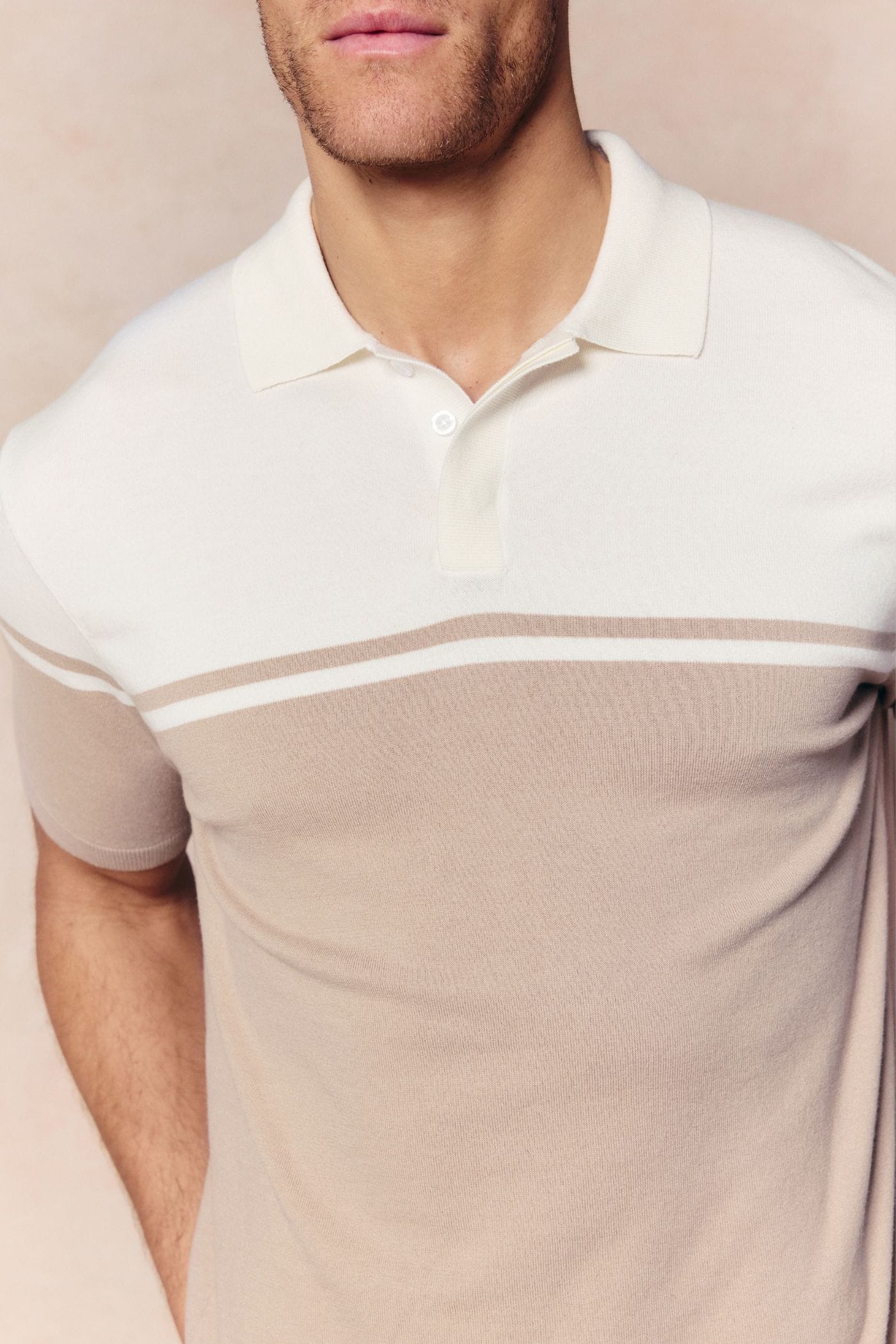Vicolo gebreide polo met strepen en blokpatroon, korte mouwen - Ecru/Zand