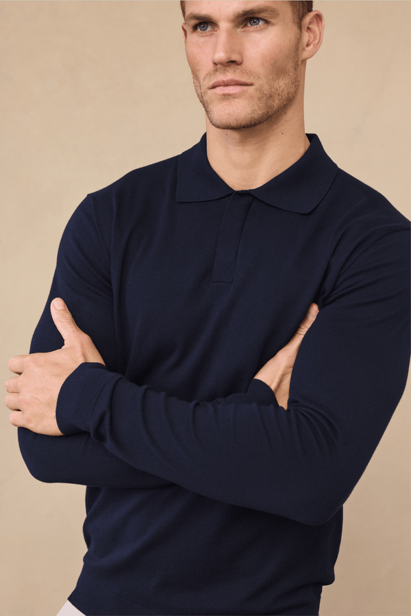 Andre Long Sleeve Button Polo - Navy