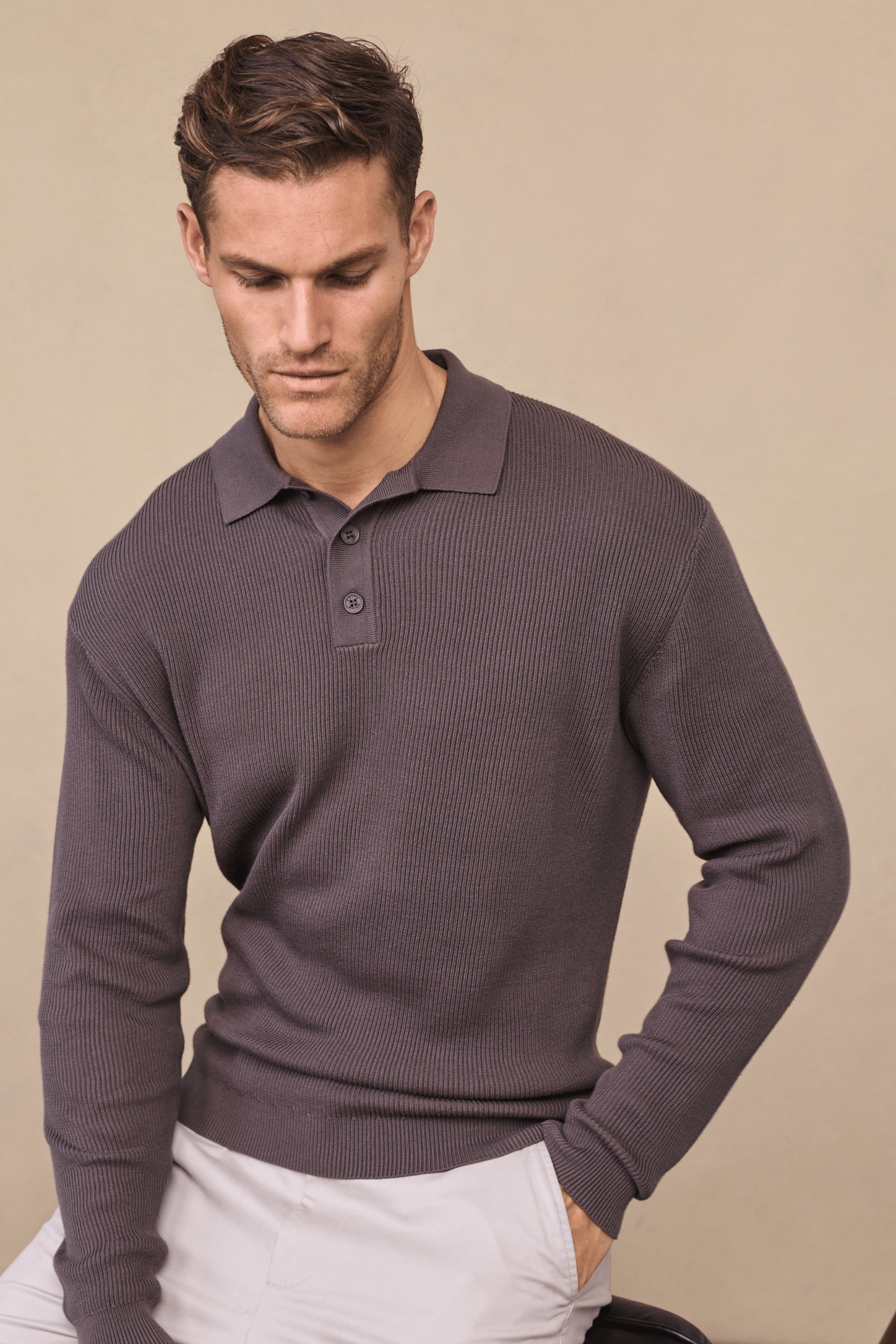 Angus Ribbed Polo - Champignon