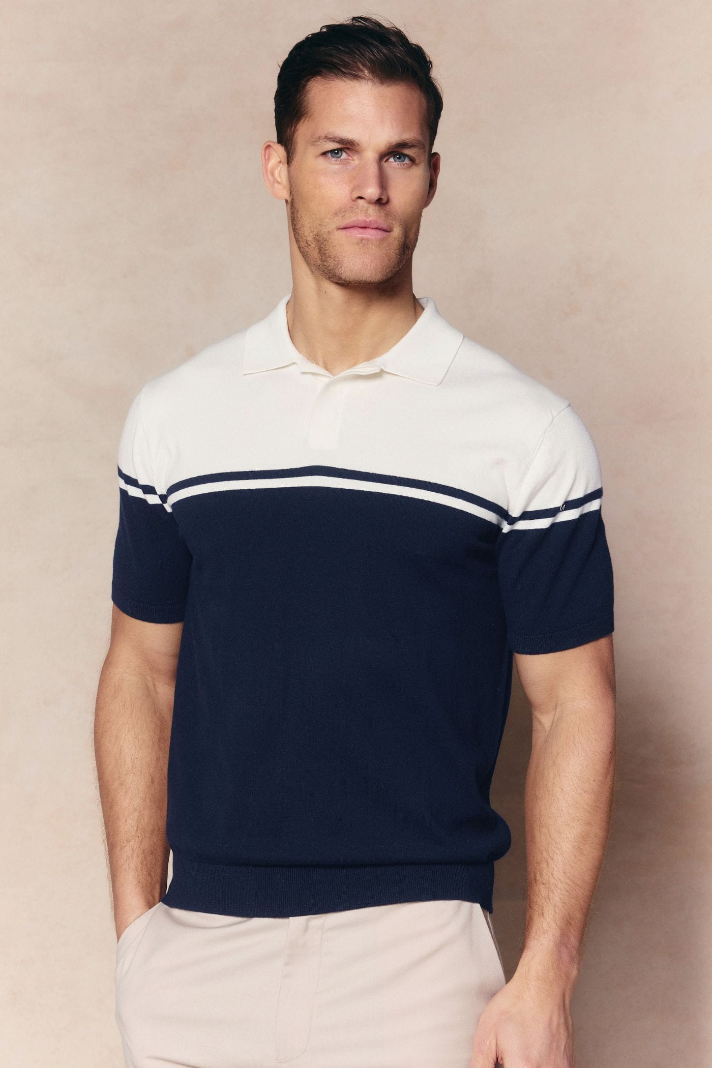 Vicolo gebreide polo met strepen en blokprint, korte mouwen - ecru/marineblauw