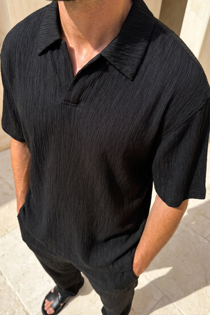 Silvano Crinkled Open Collar Polo - Black