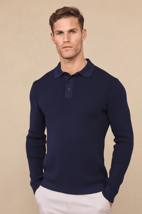 Angus geribbelde polo - marineblauw