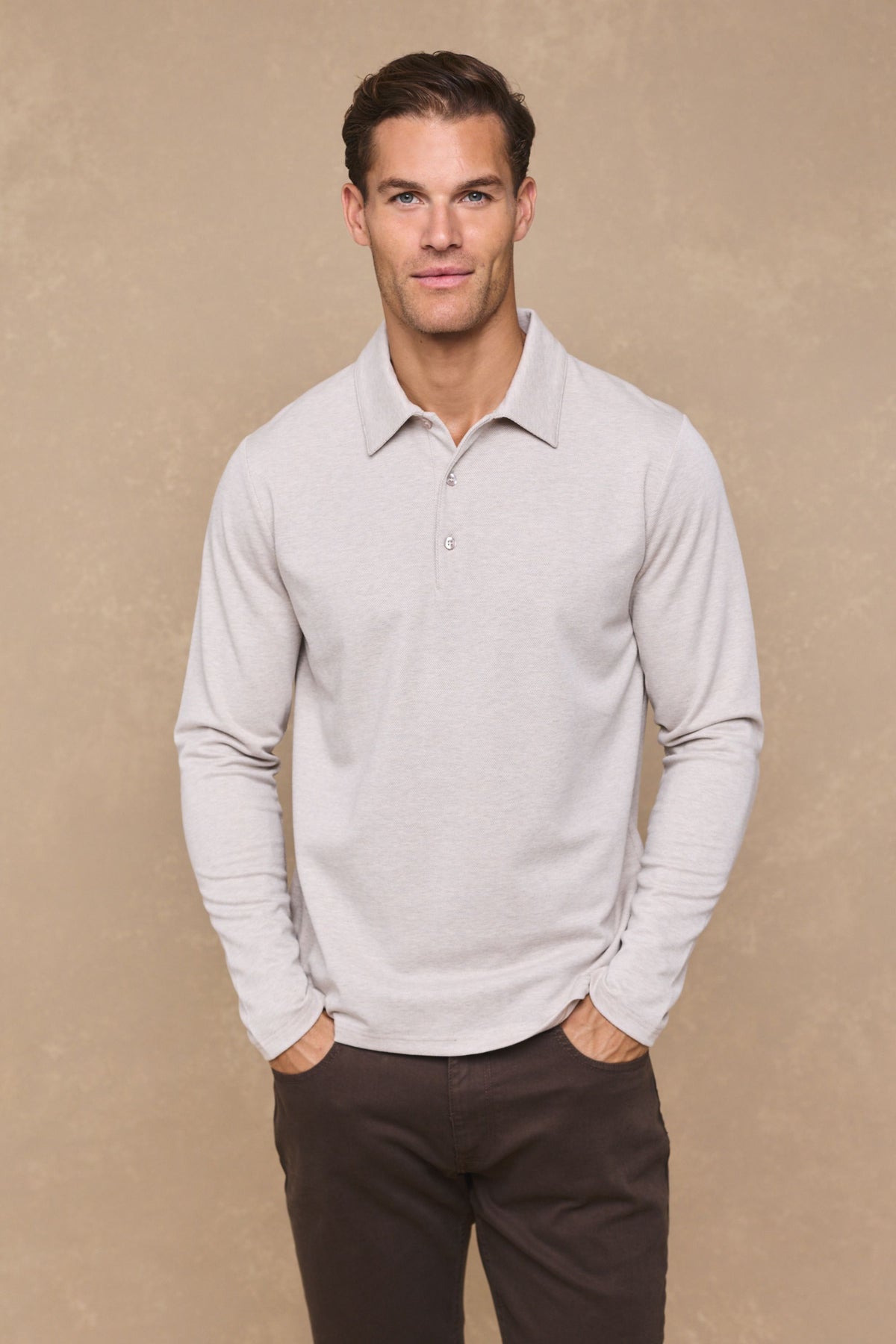 Santino Long Sleeve Half Button Polo - Oatmeal