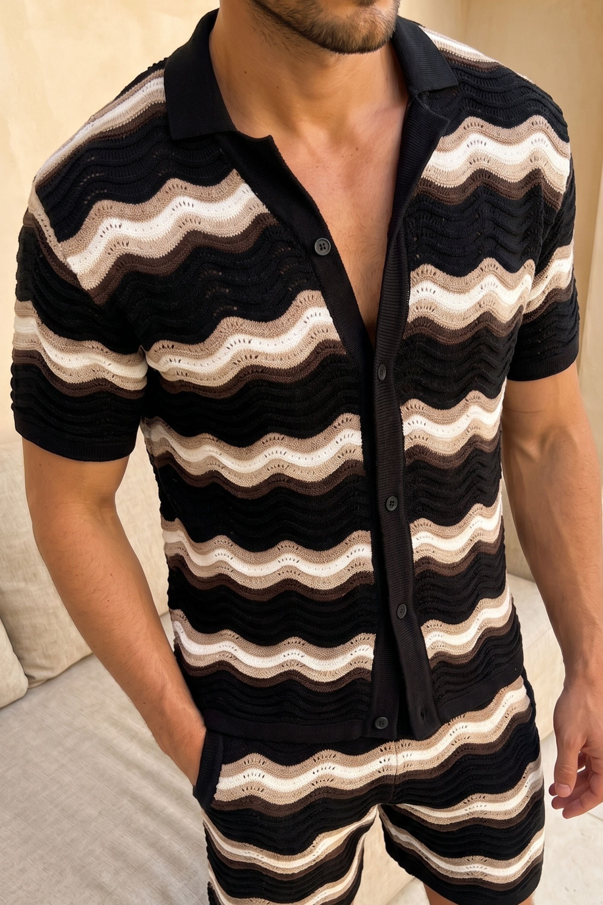 Primavera Crochet Knit Shirt - Black/Brown