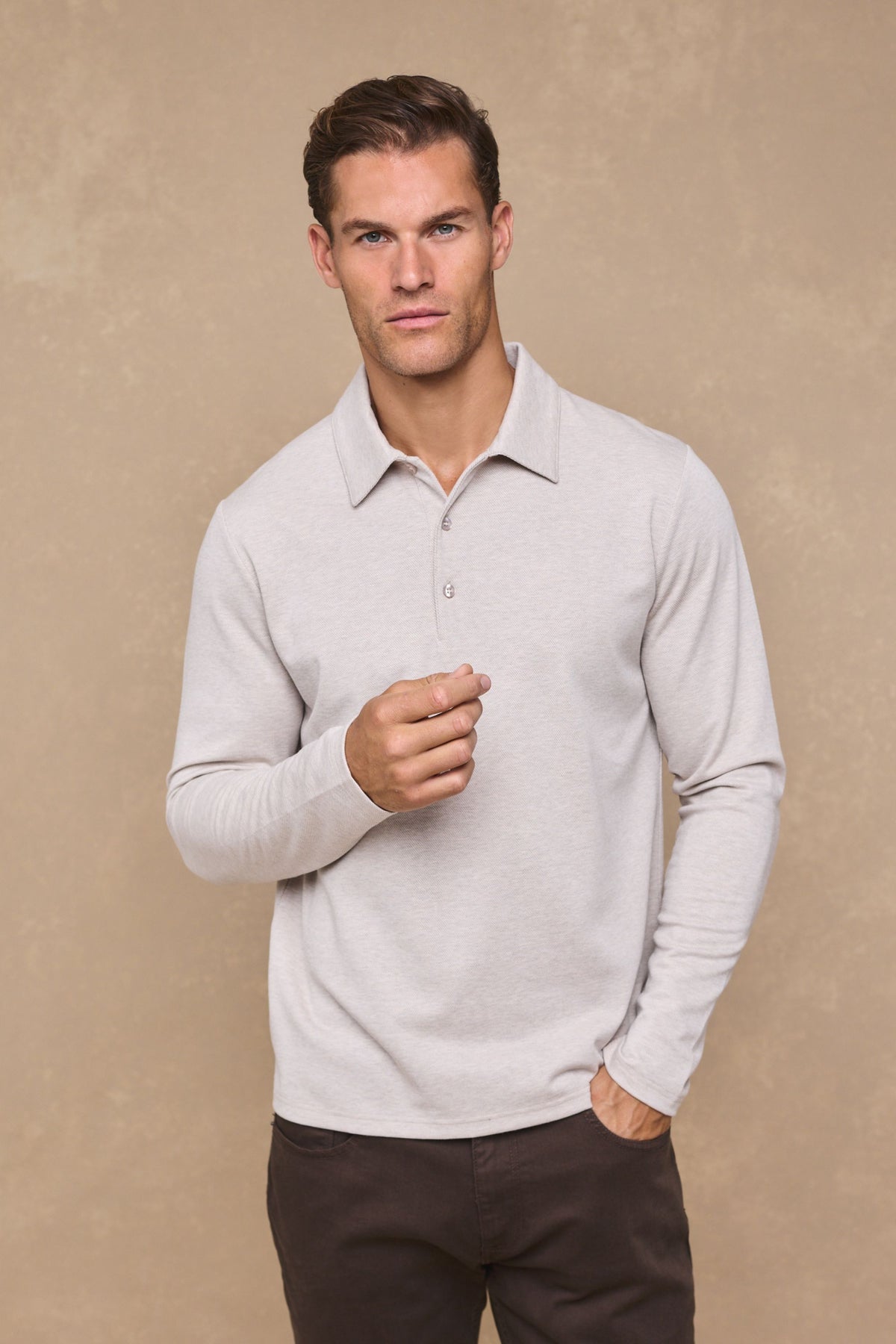 Santino Long Sleeve Half Button Polo - Oatmeal
