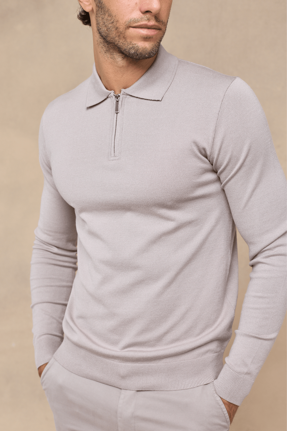 Knitted Long Sleeve Zip Polo Shirt - Warm Grey