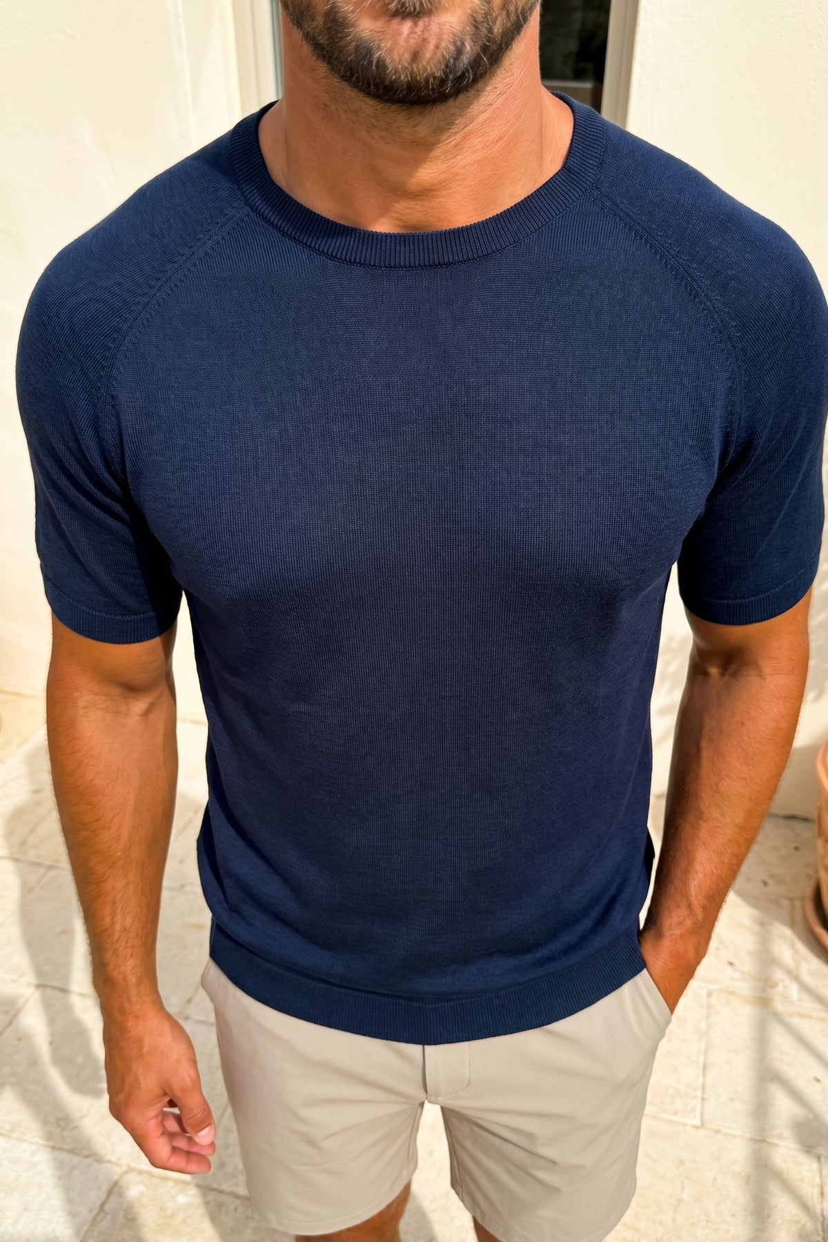 Riera gebreid T-shirt met ronde hals - Middernachtblauw
