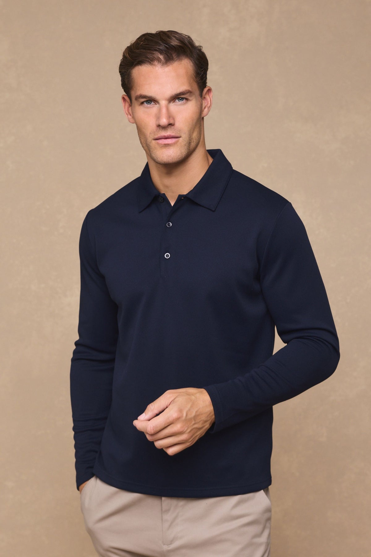 Santino Long Sleeve Half Button Polo - Dark Navy