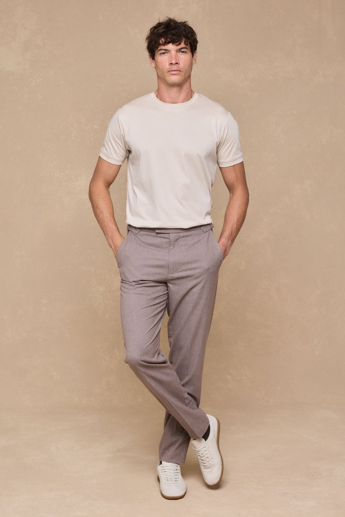 Tristan Soft Tailored Trousers With Adjusters - Taupe Marl
