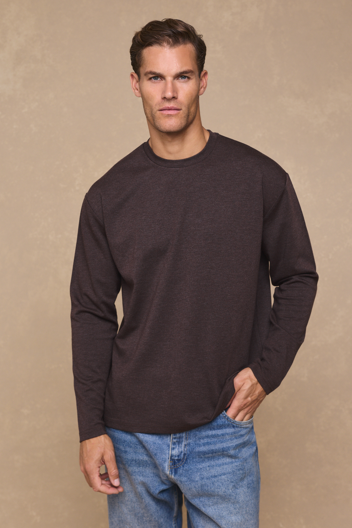 Long Sleeve Relaxed T-Shirt - Brown Marl