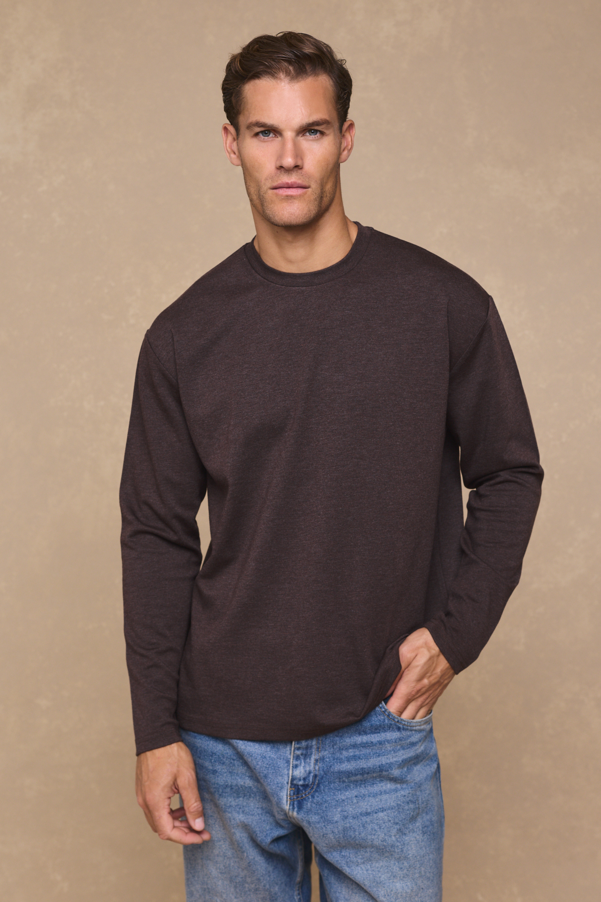 Long Sleeve Relaxed T-Shirt - Brown Marl