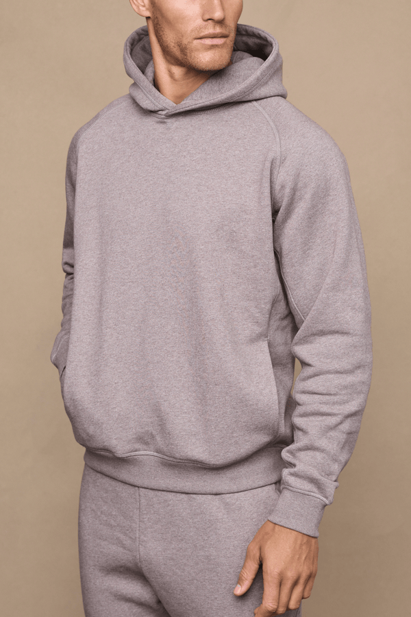 Men’s heavyweight cotton blend hoodie in brown marl with raglan sleeves by Raith
