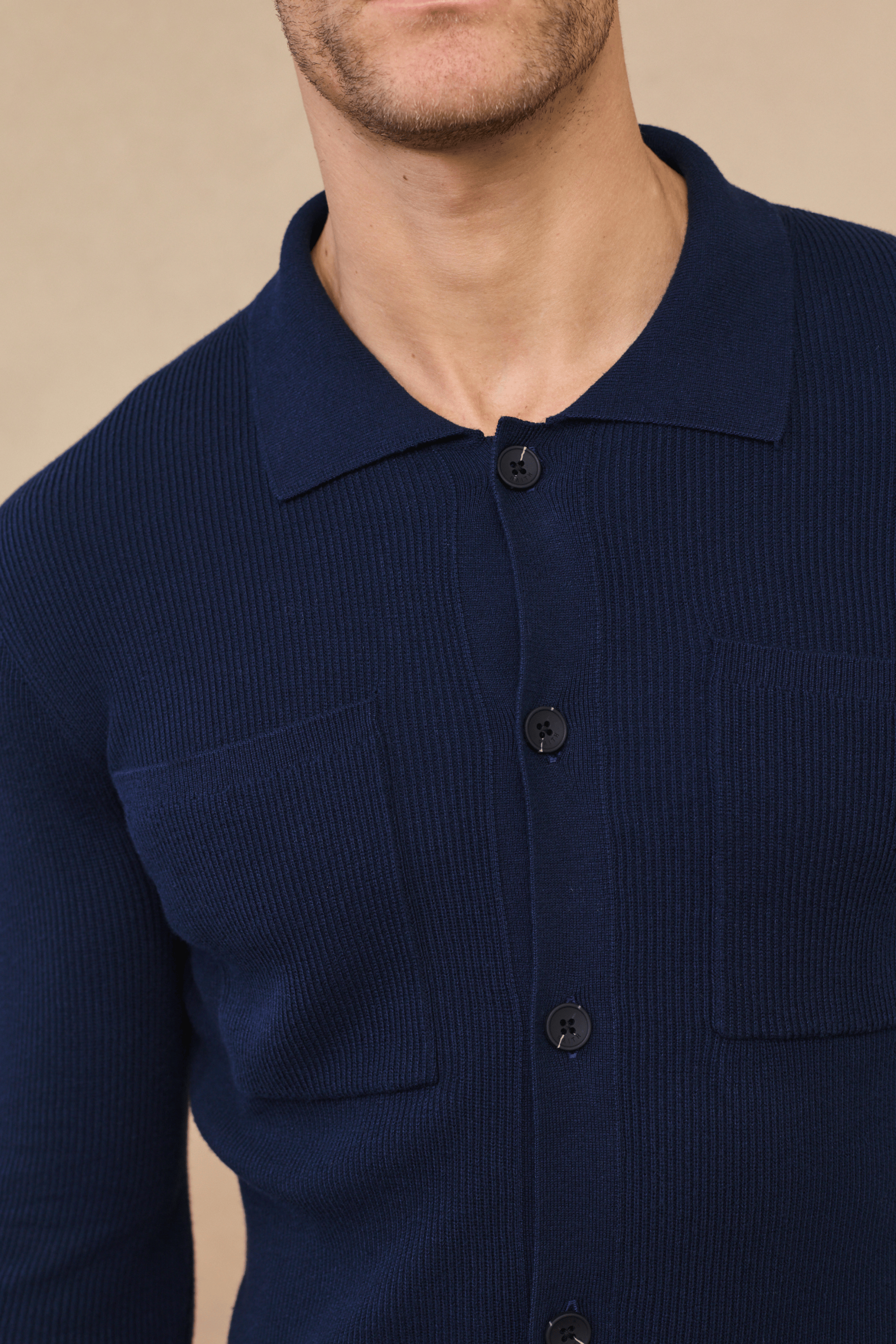 Elias Rib Top Pocket Cardigan - Navy