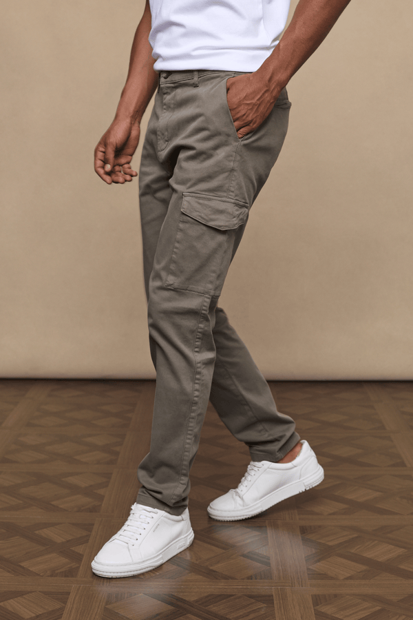 Men’s cotton stretch cargo trousers in dark olive with straight leg fit and utility pockets by Raith