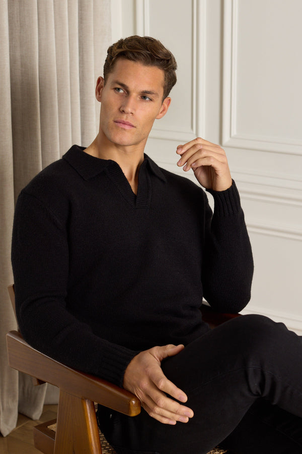 Dylan grof gebreide trui met open kraag - Zwart