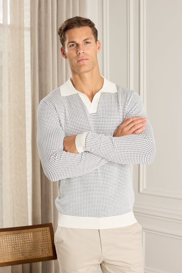 Kai Polo met lange mouwen en open kraag, getextureerd - Marineblauw/Ecru