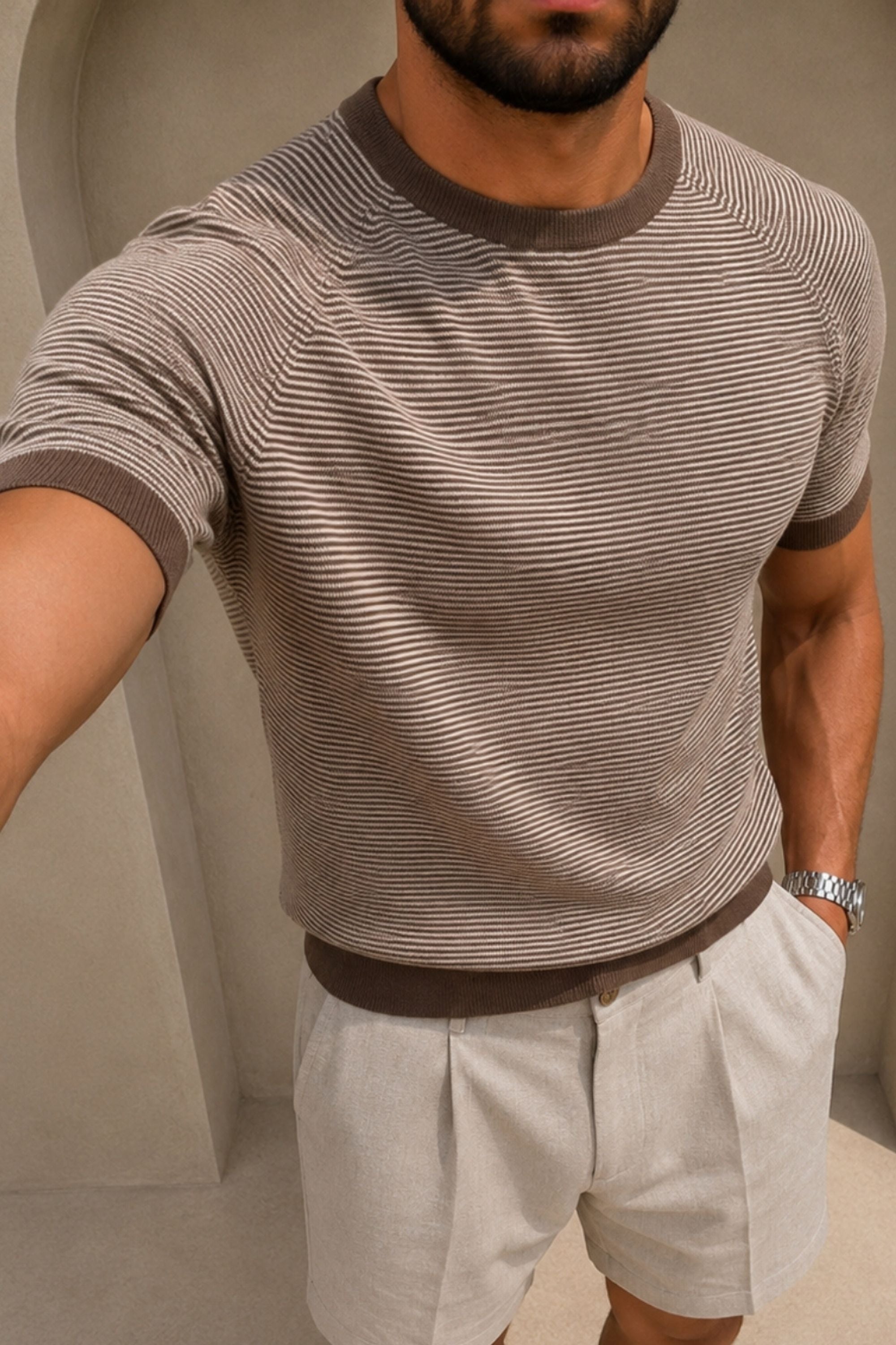 Rafael Linen Striped Crew Neck T-Shirt - Brown/Beige