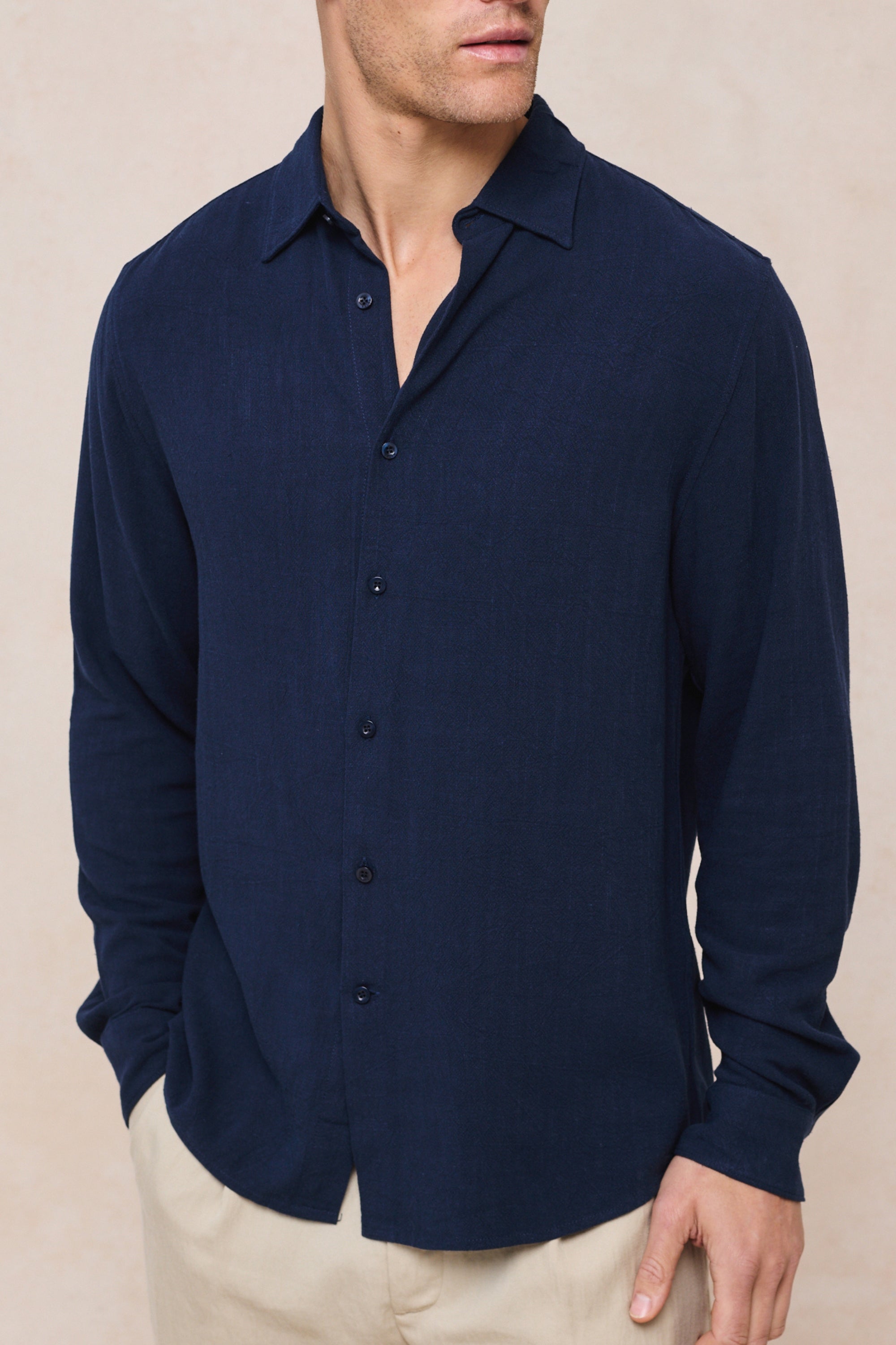 Cami Linen Classic Collar Shirt - Navy