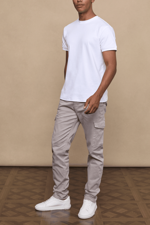 Men’s cotton stretch cargo trousers in greige with straight leg fit and utility pockets by Raith